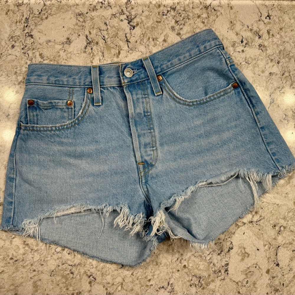 Classic Light Blue Frayed Denim Shorts